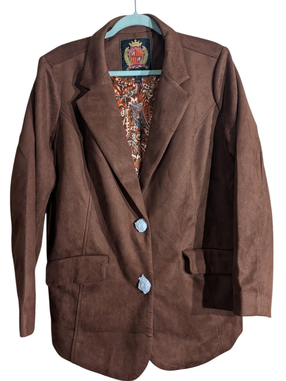 Isaac Mizrahi Live Brown Faux Suede Blazer Jacket 1X Paisley Lined - Picture 2 of 10
